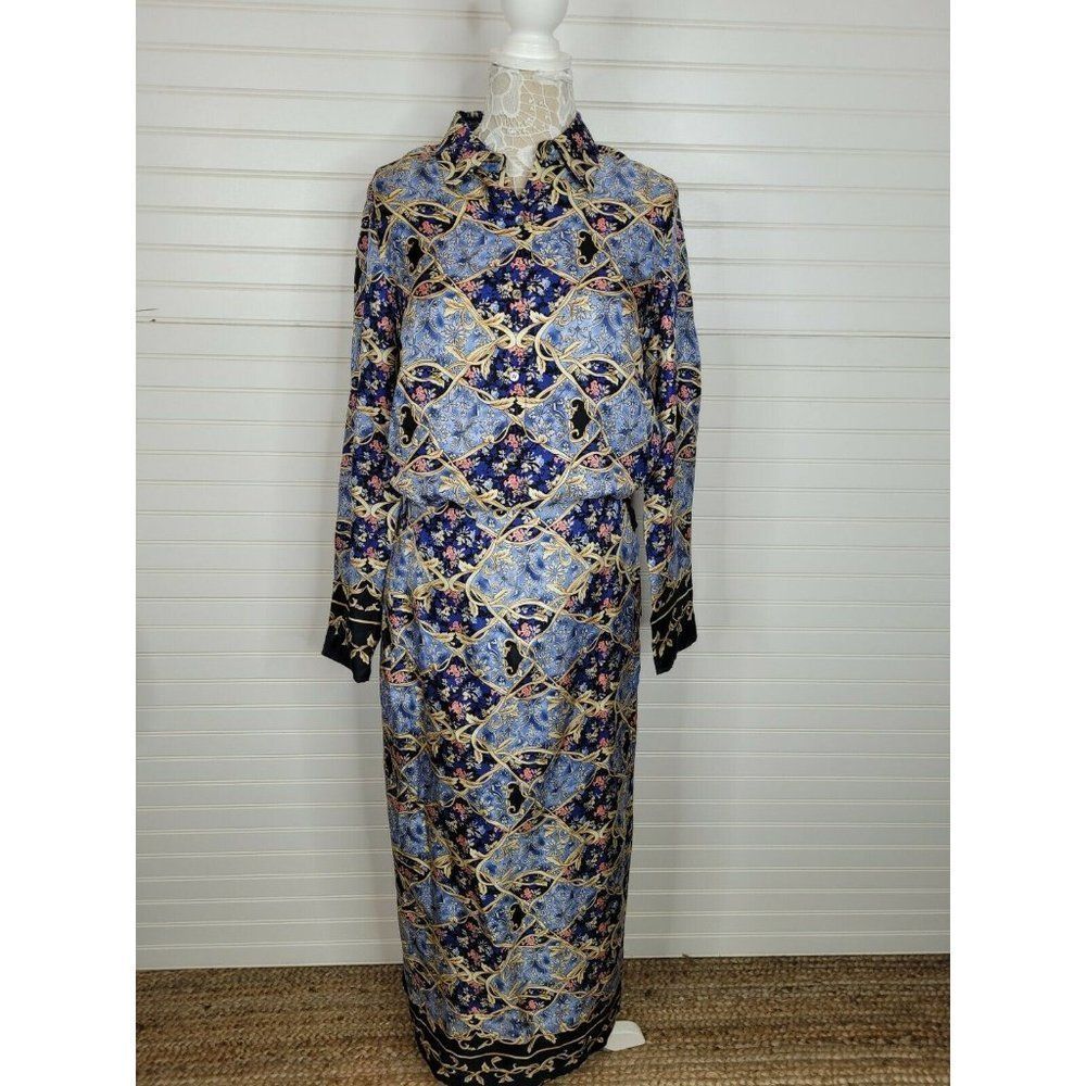 Liz Claiborne Collection 100% Silk Skirt Top Set Sz. 10 Blue Button Down Wrap